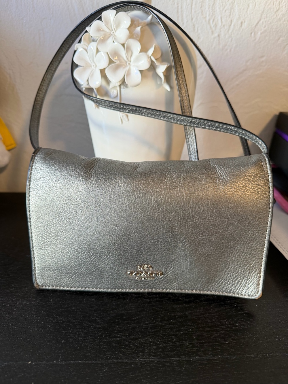 Coach Metallic Silver Shoulder Bag with Slim Strap - Picture 2 of 10